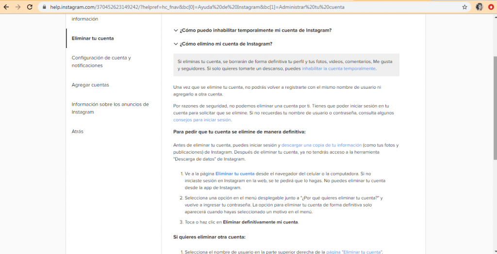 eliminar definitivo cuenta instagram