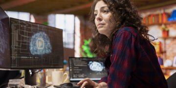 System administrator in startup office coding advanced AI algorithm and machine learning models enhancing automation. IT specialist using PC in artificial intelligence Silicon Valley workplace